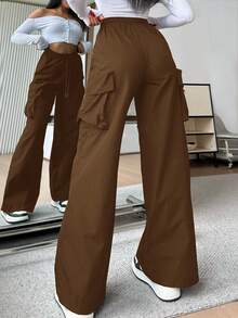 SHEIN EZwear 女士休闲纯色高腰阔腿裤 - 棕色 - 查看 4