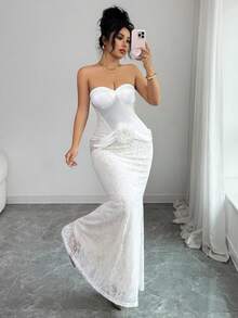 Selianne Satin Strapless Formal Dress, Lace Waist Cincher, Fishtail Hem, Sexy French Elegant Luxurious Party/Date Dress, Slim-Fitting White Gown With Satin Ribbon, Floor-Length Dress