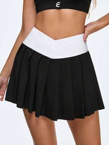 Eassivo Eassivo Women's Black And White Cross Waistband Pleated Sports Skort, Pleated Skirt, Skirt Tennis, Workout Skort, Black And White Pleated Skort - Black and White - View 3