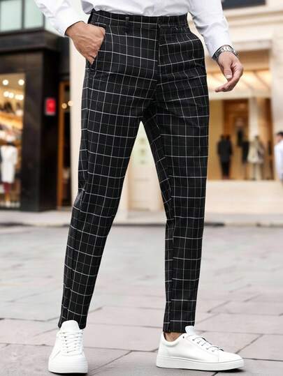 Manfinity Bizformal Pantalones de traje de negocios de moda para hombres con bolsillo a cuadros