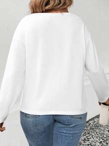 EMERY ROSE Women's Heart Print V-Neck Long Sleeve Plus Size Basic T-Shirt, Popular For Autumn/Winter - White - View 2