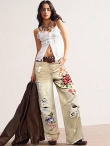 Bohemela جينز نسائي فضفاض مطرز بالخرز والتطريز بأسلوب البوهيمي الريفي العطلات الكاجوال - لون مشمشي - مشاهدة 5