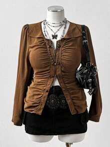 Sunspun Áo cánh tay dài ôm vừa vặn eo nhún cổ điển cỡ lớn gợi cảm - màu nâu - Xem 2