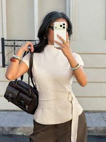 Siren Gaze Women's Versatile Cream Waist Belt For Women Featuring A Stylish Gold Statement Buckle Stand Collar Batwing Short Sleeve Waist Metal Design Casual Knit Top Buckle Top Summer Tops Women Summer Outfits Spring Break Outfits Going Out Tops For Women - Apricot - View 2