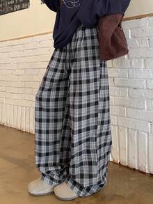 DAZY Damen Weite Hose mit Kordelzug in der Taille, lässig kariert, Herbst/Winter - Schwarz - Übersicht 5