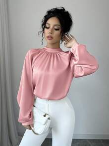 SHEIN Clasi 休闲优雅立领插肩袖宽松缎面衬衫 - 粉色 - 查看 4