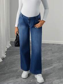Momance Maternity Casual Washed Low-Waist Straight Leg Jeans - Blue - View 1