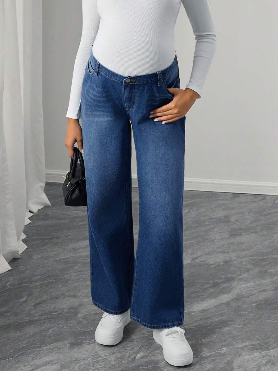Momance Maternity Casual Washed Low-Waist Straight Leg Jeans - Blue - View 1