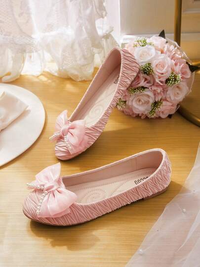 CUCCOO HITCHD Women's Bow Decor Ruched Casual Slip-On Flats Valentine's Day