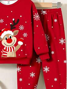 SHEIN 2 Stücke/Set Jungen Lässig Warm & Bequem Klassisch Weihnachten, Stern Weihnachtsbaum, Weihnachtsbär, Weihnachtsren Muster Loose Fit Sweatshirt und Hose Set, geeignet für den Sommer