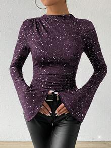Chiquease Women's Autumn Long Sleeve Flared Cuff Funnel Neck Metallic Silver Ruched Asymmetric T-Shirt Women Top For Spring - Purple - View 3