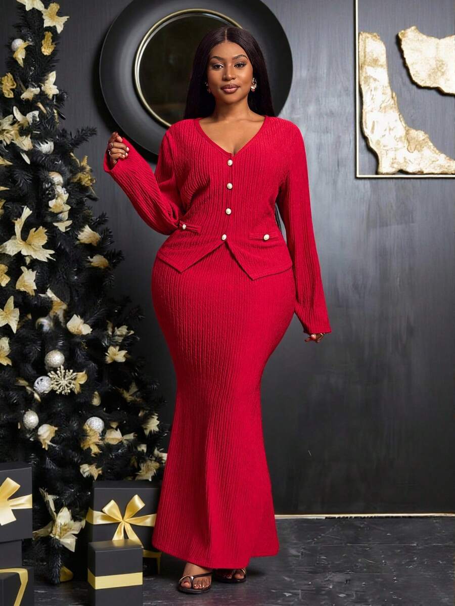 Slaydiva Bộ đồ 2 món cỡ lớn thu/đông 2025 dành cho nữ, gồm áo dài tay cổ chữ V họa tiết và chân váy ôm sát gấu váy đuôi cá, thanh lịch cho lễ hội âm nhạc, đám cưới, hẹn hò, tiệc tùng và đi làm - Đỏ - Xem 1