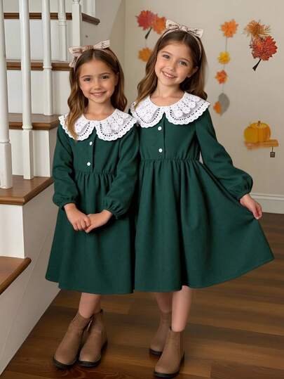 SHEIN 女童灰色休闲连衣裙，面料柔软舒适，披肩领设计，带口袋，长开衩，简约时尚，适合秋冬季上学和休闲外出穿着。