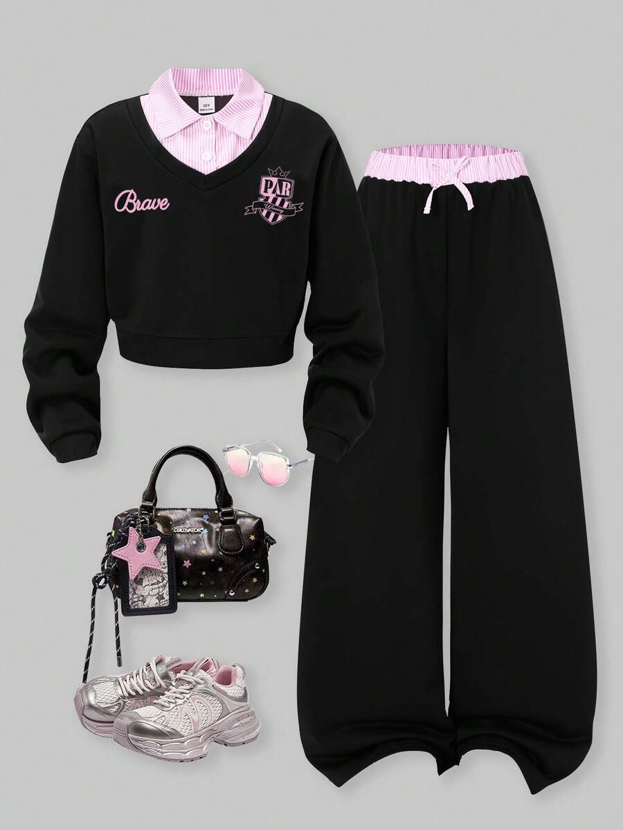SHEIN ChillGRL 2件套少女Romweezy宽松休闲拼接撞色二合一衬衫式V领短款卫衣搭配宽松休闲阔腿撞色拼接裤套装,适合日常、通勤、休闲、度假、聚会、街拍等场合。 - 黑色 - 查看 1