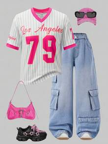 SHEIN ChillGRL Tween Girl' Casual Street Fashion Baseball Hoodie, Letter & Number Graphic V-Neck T-Shirt