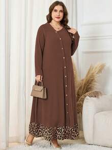 Lacomfia 大码休闲罗纹豹纹不对称领长袖宽松连衣裙，春秋季 - 彩色 - 查看 6