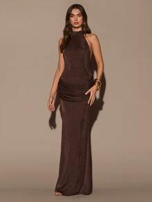 SHEIN BAE Women's Autumn/Winter High Neck Backless Tie Waist Ruched Fishtail Hem Elegant Extra Long Dress,  Summer Dress,Valentine's Day,Elegant Dress,Brown Dress,Wedding Guest Dress ,Vacation Outfits Women Halter Neck Maxi Dress Brown Sexy Dress - Brown - View 1