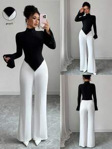 Elenzga Women's Elegant V-Neck Black & White Contrast Pearl Jumpsuit, Suitable For Autumn/Winter, Thanksgiving, Elegant Party, Christmas, New Year - Black and White - View 3
