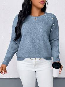 SHEIN PETITE CURVE Suéter feminino plus size de cor sólida com gola redonda, manga raglan e botões, ideal para outono/inverno. - Azul - Ver 4