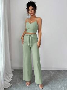 SHEIN PETITE 女款鼠尾草綠夏季休閒度假套裝，純色高腰吊帶背心與寬腿褲兩件套，舒適小碼女款褲裝套裝 - 綠色 - 查看 4