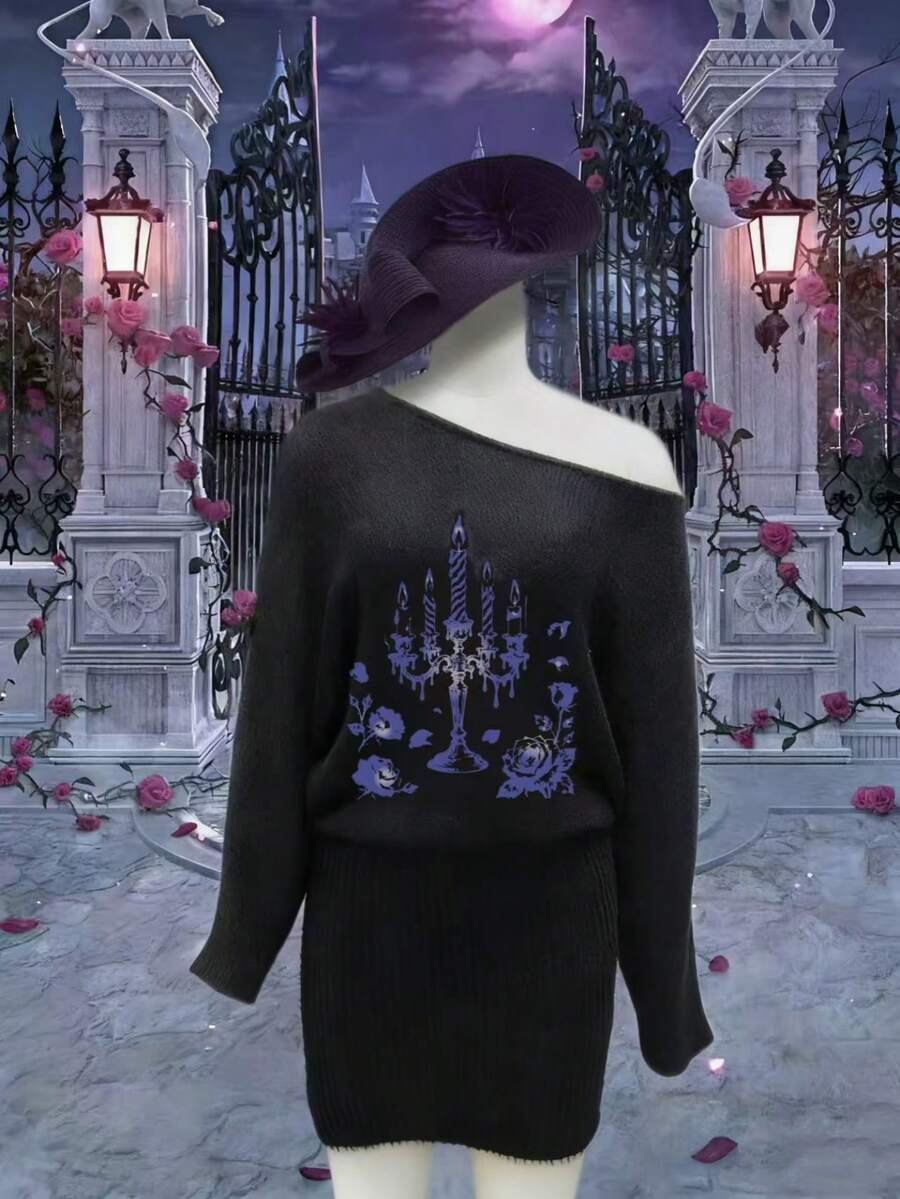 INAWLY Vestido de punto con cuello asimétrico, otoño/invierno - Negro - Ver 1