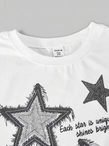 SHEIN ChillGRL 少女星星图案印花圆领 T 恤搭配针织花卉阔腿裤两件套，休闲夏季