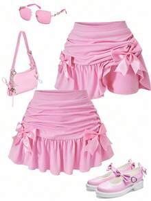 SHEIN ChillGRL 青少年女孩简约时尚休闲日常可爱风格粉色迷你裙 - 粉色 - 查看 4