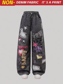 SHEIN Tween Girl Woven Letter Graphic Casual Straight Leg Pants, School, Campus, College Fall Winter