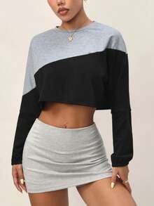 Gameset SHEIN Sport Color Block Round Neck Long Sleeve Cropped Loose Fit Fashionable Versatile Sporty Sweatshirt - Multicolor - View 7