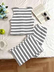 Sparklyn Kid 'Girls' Spring And Summer Two Pieces Set Knitted Striped Short Vest Sleeveless Pants Casual Versatile Commuting Street Button Closure Texture Daily Wear - White - View 6