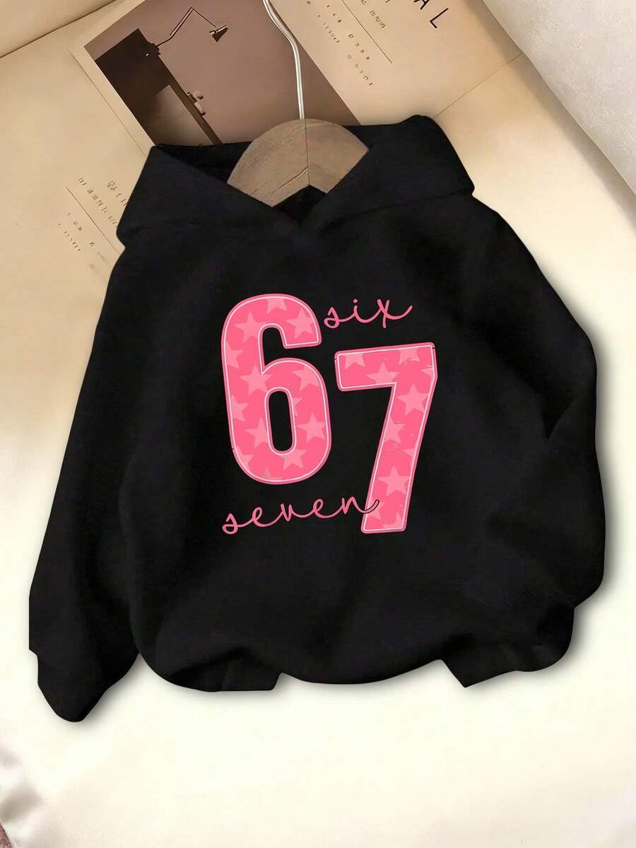 Baby Girls' Numeric Print Hooded Long Sleeve Sweatshirt, Suitable For Casual Occasions Like Daily Wear, Outings, Travel, Fits 6 Months To 2-3 Years Old, Autumn/Winter - Black - View 1