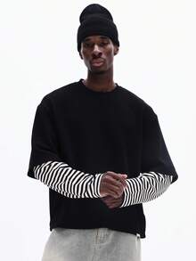 SUMWON Long Sleeve Layered Look Crew Neck T-Shirt With Striped Under Layer Sleeves Casual Everyday Streetwear Plain - Black - View 3