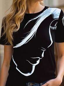抽象印花圆领 T 恤，春夏季休闲短袖上衣，女士服装