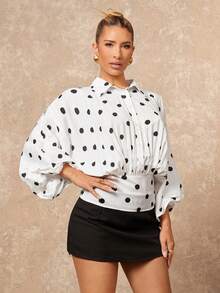 Lumalex 女士波点印花灯笼袖单排扣褶皱时尚衬衫 - 黑與白 - 查看 9
