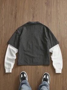 SWAVVY Men's Plaid Patchwork Casual Long Sleeve Shirt - Black and White - View 2