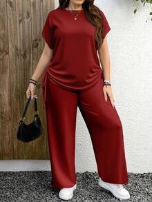 EMERY ROSE Conjunto informal de 2 piezas de color rojo sólido talla grande, adecuado para otoño/invierno y Año Nuevo - Rojo - Ver 4
