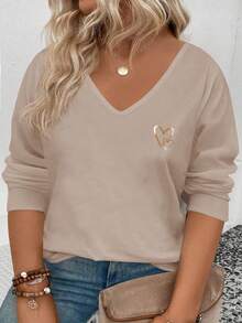 EMERY ROSE 女士爱心印花V领长袖加大码基础款T恤，秋冬季流行款 - 彩色 - 查看 1