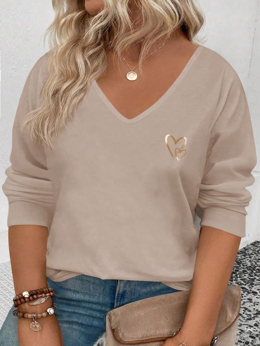 EMERY ROSE 女士爱心印花V领长袖加大码基础款T恤，秋冬季流行款 - 彩色 - 查看 1