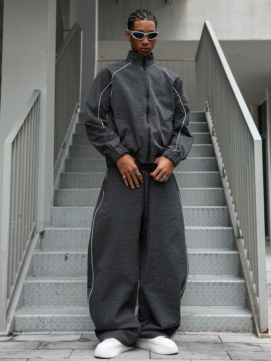 PAVTROS Conjunto de top con cremallera de manga larga y pantalones casuales para hombre. Ropa urbana, amigos, a juego, holgado, para hombres, gráfico, estilo japonés, unisex, amo a mi novia - Multicolor - Ver 1