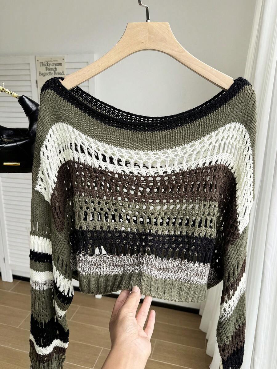 SHEIN EZwear Plus Size Colorblock Striped Hollow Out Cropped Knit Sweater Winter Fall Autumn - Multicolor - View 1