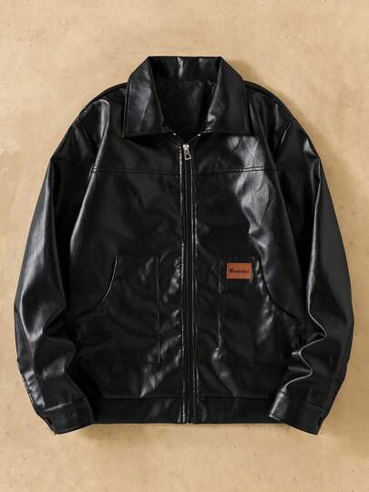 1 Stück Minimalistische PU-Lederjacke in Schwarz für Teenager-Jungen, Stehkragen-Design, locker geschnitten, bequem für Herbst, Frühling, Winter, geeignet für den täglichen Gebrauch, Pendeln, Outdoor, Sport, Schule, Streetwear, Partys, Fotografie