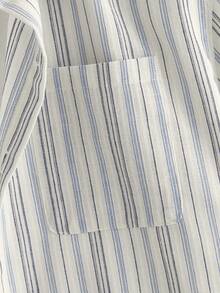 HIMLAND Áo sơ mi nam tay ngắn ôm vừa vặn, họa tiết sọc dệt, thích hợp mặc vào mùa hè - Xanh và trắng - Xem 5