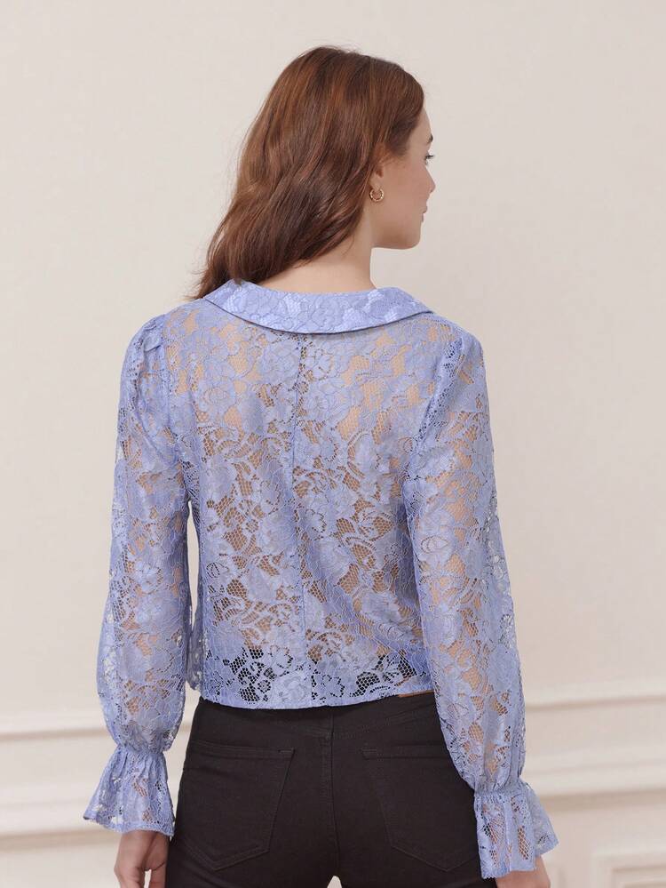 Blue Sheer Lace Blouse With Tie-Front Bows Peter Pan Collar And Ruffled Cuffs French Style Going Out