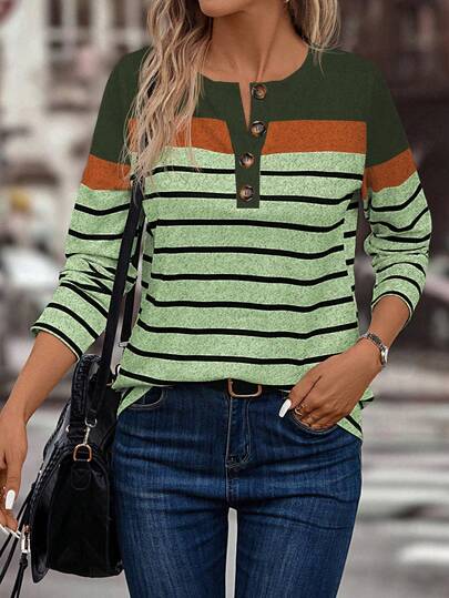 EMERY ROSE Camiseta de manga larga con botones hasta la mitad, estampado de rayas y contraste de color, para mujer, informal, para primavera y otoño