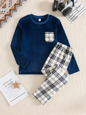 بيجامة فلانيل للأولاد، ناعمة ودافئة، فضفاضة، ملابس علوية بأكمام طويلة وبنطلون، بنمط مربعات أنيق، مناسبة للخريف/الشتاء