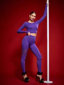 Menodora SHEIN Sport Menodora SHEIN Sport 女士纯色圆领插肩袖T恤和紧身裤运动套装 - 紫色 - 查看 5