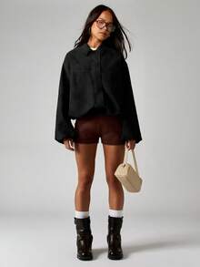 MISSGUIDED Áo khoác bomber da lộn cỡ lớn có nút cài phía trước cho mùa thu đông - màu đen - Xem 4