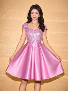 Teen Girls' Sleeveless Sequin Patchwork Waist Cinched Elegant Halloween & Christmas Dress - Pink - View 5
