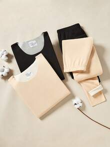 Teen Girl Brushed V-Neck Seamless Thermal Underwear Set, Thermal Lined Autumn Top And Bottom Warm & Comfortable