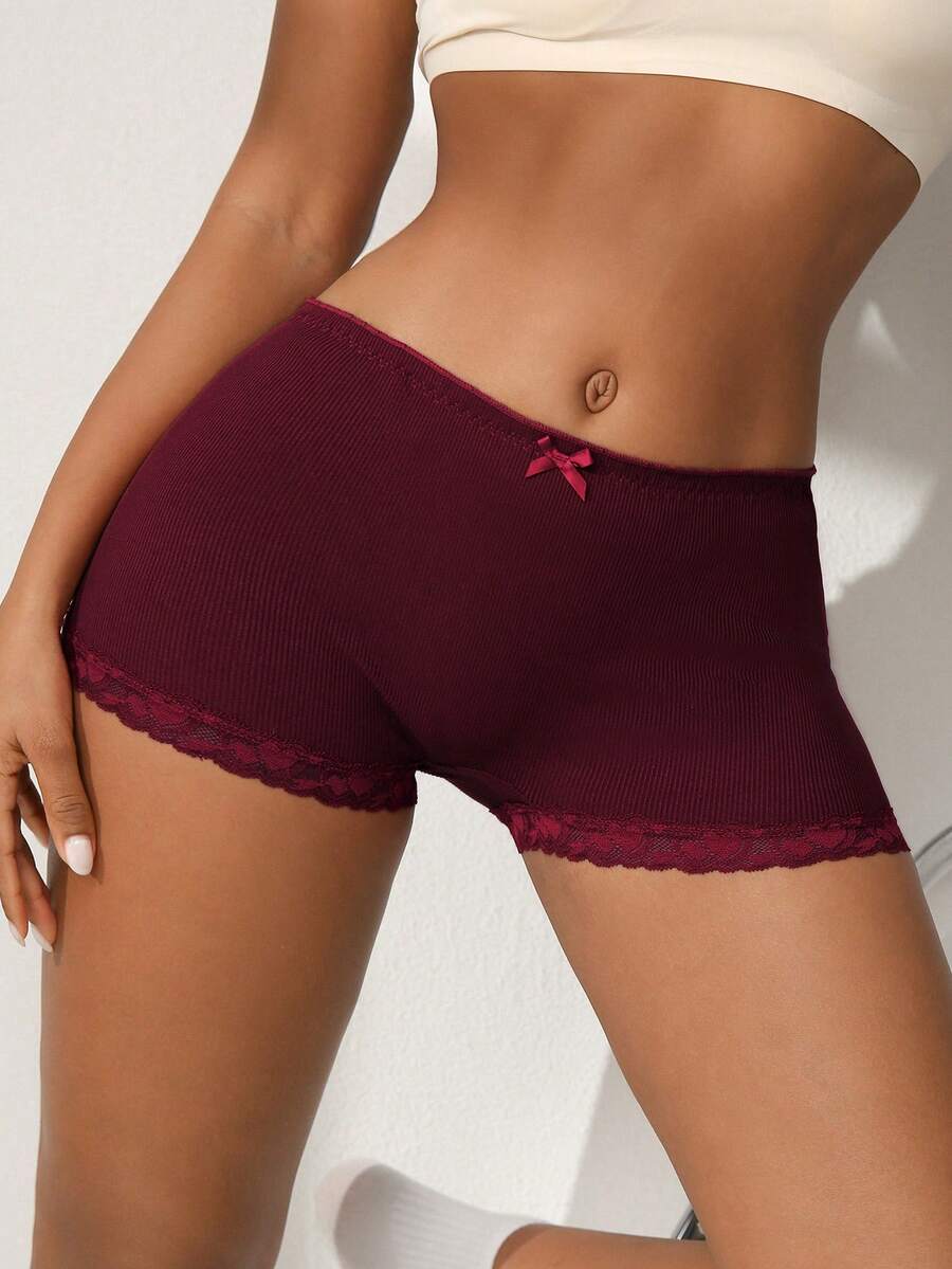 SHEIN Quần lót ren chắp vá họa tiết nơ thời trang hipster thoải mái và thời trang dành cho nữ - Màu Đỏ Sâu - Xem 1